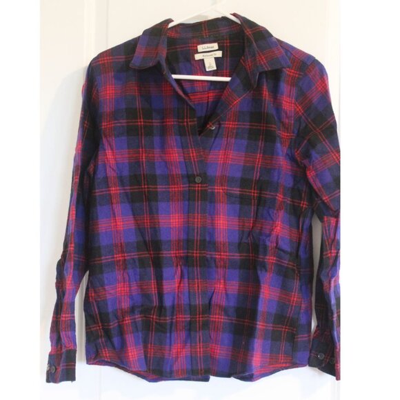LL Bean Women Size S Plaid Flannel Long Sleeve Shirt Jacket Shacket Blue Fall - Picture 1 of 6